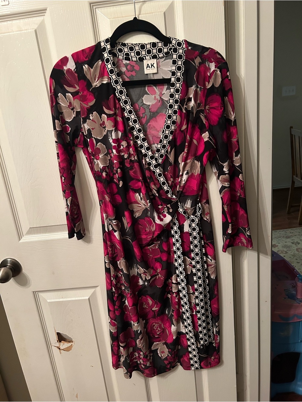 Anne Klein Pink Floral Wrap dress  with Black Trim